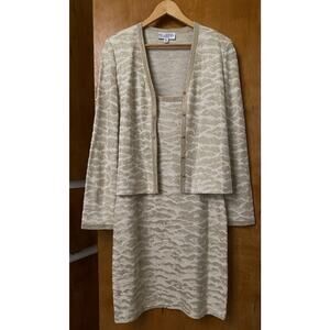 ST JOHN EVENING Knit Ivory Gold Zebra rhinestone Sequin Dress Suit Jacket Set 8